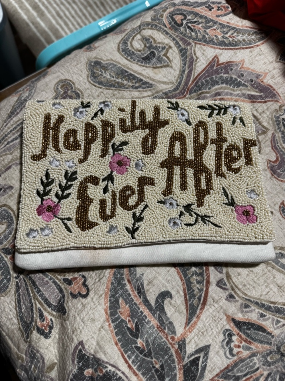 Beaded 'Happily Ever After' Clutch - Cream with Pink Floral Accents